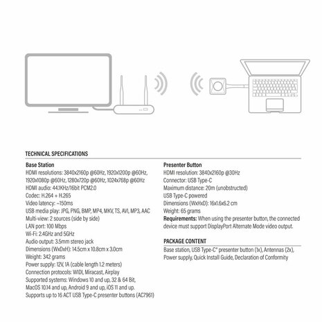 ACT Aero 4K Draadloos Presentatiesysteem (AC7960) | 4K (3840x2160) | USB-C | HDMI | Plug and Play | Multi User | Split Screen
