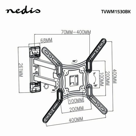 Nedis TVWM1530BK | Draai- en kantelbare TV-plafondbeugel | 23''-55'' | max 30kg | VESA 400x400